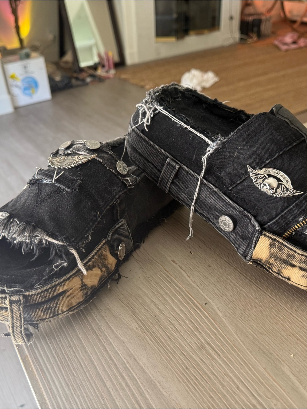 Platform Denim Distressed Black Canvas Slip-On Shoes made by me SOLEMATE DENIM